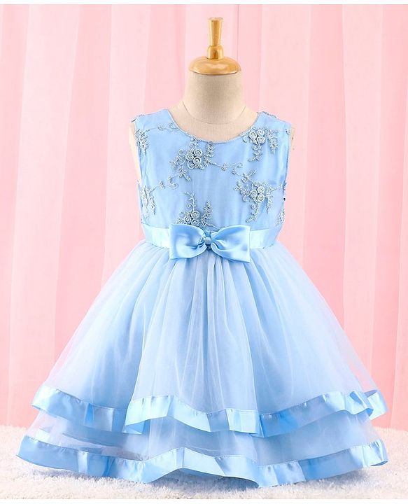 Babyhug Sleeveless Mesh Party Dress with Floral Embroidery & Bow Corsage - Blue