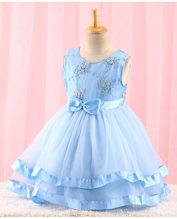 Babyhug Sleeveless Mesh Party Dress with Floral Embroidery & Bow Corsage - Blue