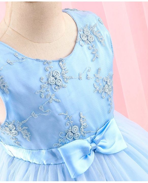Babyhug Sleeveless Mesh Party Dress with Floral Embroidery & Bow Corsage - Blue