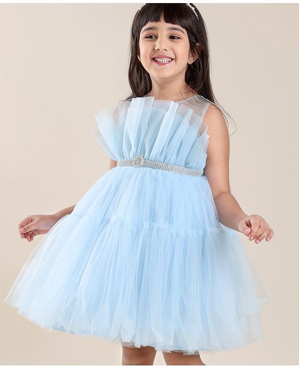Babyhug Sleeveless Solid Color Mesh Party Frock - Light Blue