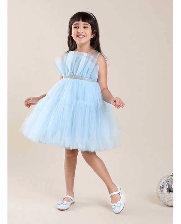 Babyhug Sleeveless Solid Color Mesh Party Frock - Light Blue