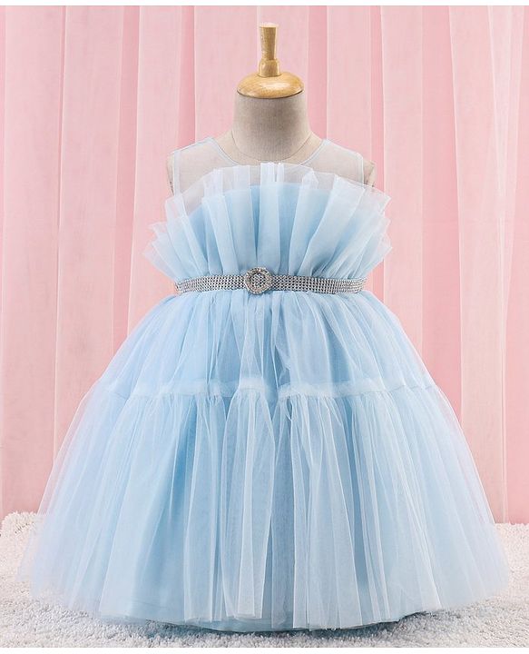 Babyhug Sleeveless Solid Color Mesh Party Frock - Light Blue