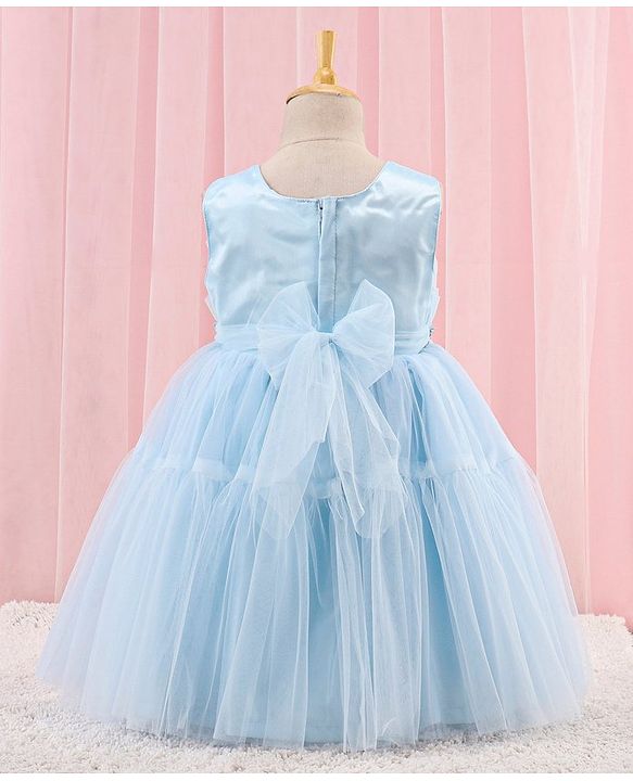 Babyhug Sleeveless Solid Color Mesh Party Frock - Light Blue