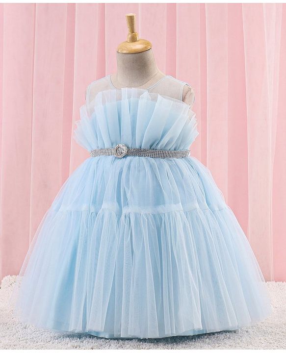 Babyhug Sleeveless Solid Color Mesh Party Frock - Light Blue