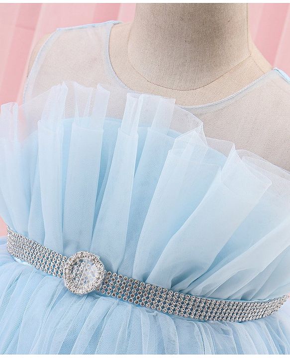 Babyhug Sleeveless Solid Color Mesh Party Frock - Light Blue