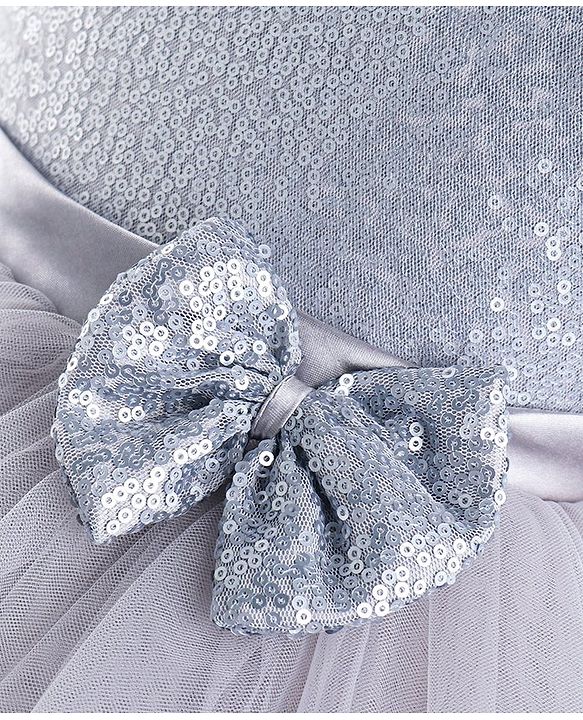 Babyhug Sleeveless  Layered Party Frock With Sequin Embroidery & Bow Applique- Grey