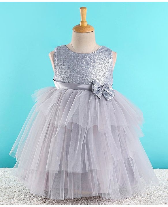 Babyhug Sleeveless  Layered Party Frock With Sequin Embroidery & Bow Applique- Grey