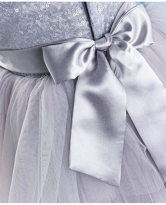 Babyhug Sleeveless  Layered Party Frock With Sequin Embroidery & Bow Applique- Grey