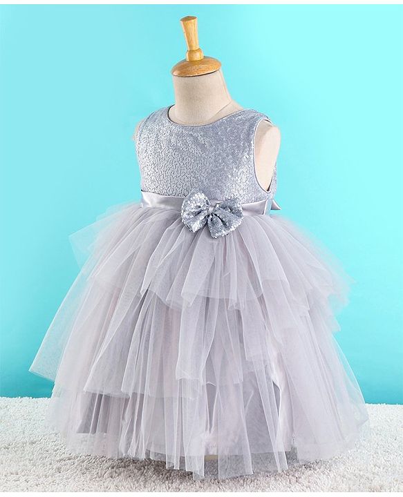 Babyhug Sleeveless  Layered Party Frock With Sequin Embroidery & Bow Applique- Grey