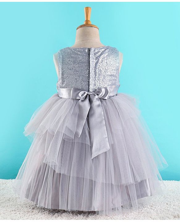Babyhug Sleeveless  Layered Party Frock With Sequin Embroidery & Bow Applique- Grey