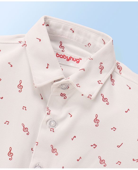 Babyhug Full Sleeves Musical Notes Printed Stretch Fit Party Shirt & Trousers with Cap & Bow - Peach & White