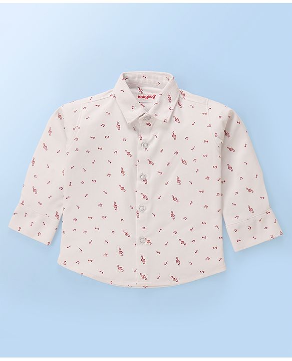Babyhug Full Sleeves Musical Notes Printed Stretch Fit Party Shirt & Trousers with Cap & Bow - Peach & White