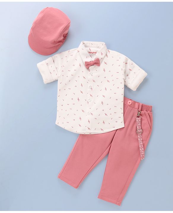 Babyhug Full Sleeves Musical Notes Printed Stretch Fit Party Shirt & Trousers with Cap & Bow - Peach & White