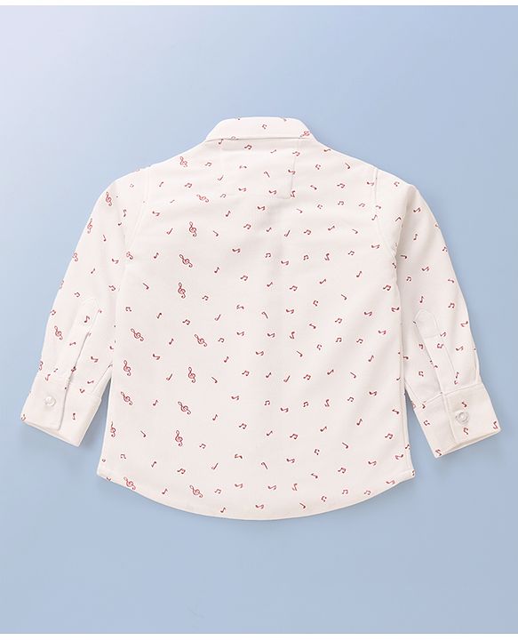 Babyhug Full Sleeves Musical Notes Printed Stretch Fit Party Shirt & Trousers with Cap & Bow - Peach & White