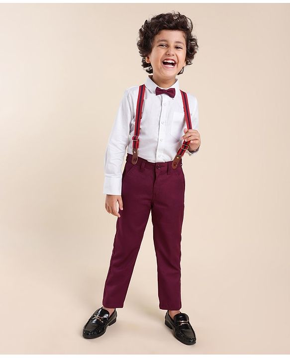 Babyhug Full Sleeves Party Solid Color Shirt & Pant with Bow & Suspender - White & Maroon