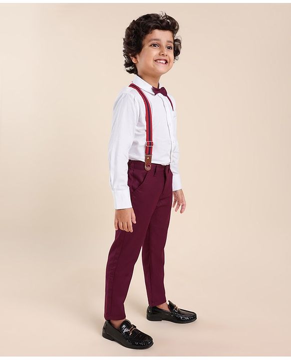 Babyhug Full Sleeves Party Solid Color Shirt & Pant with Bow & Suspender - White & Maroon