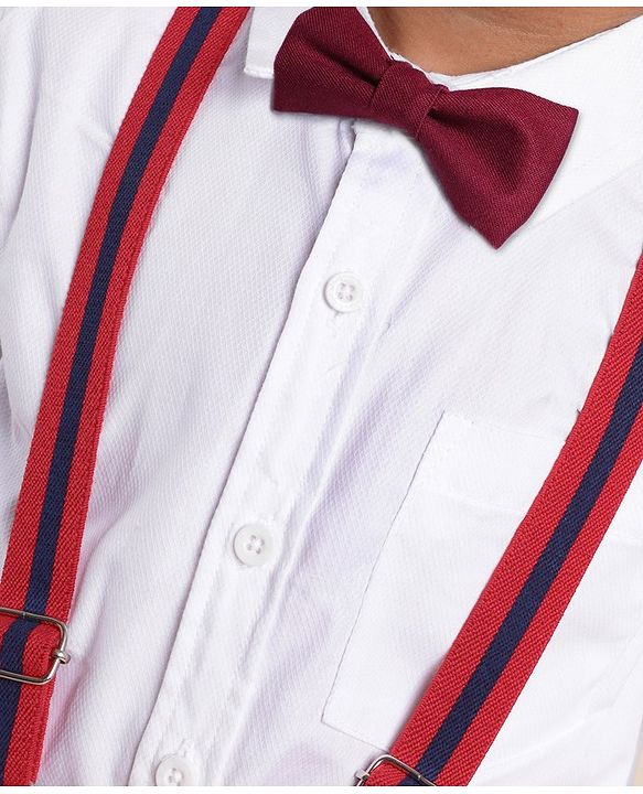 Babyhug Full Sleeves Party Solid Color Shirt & Pant with Bow & Suspender - White & Maroon