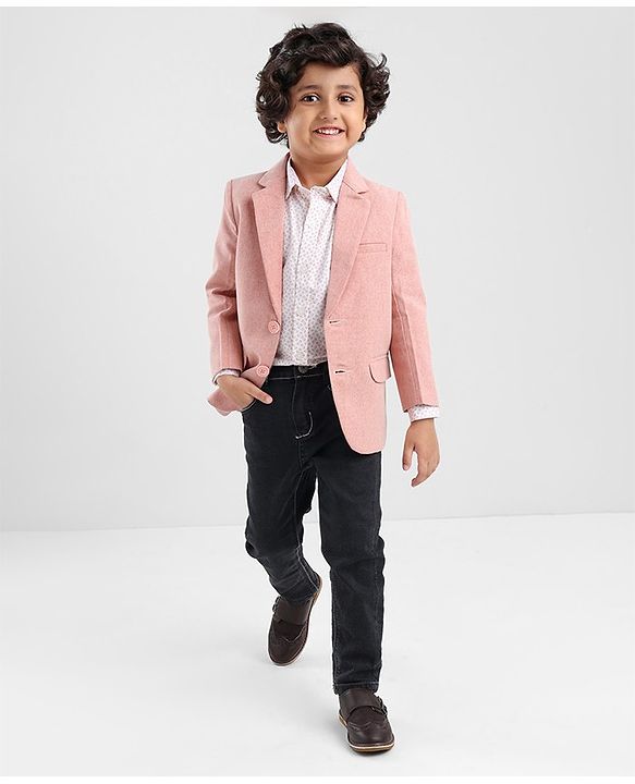 Babyhug Full Sleeves Printed Party Shirt with Blazer - Light Pink