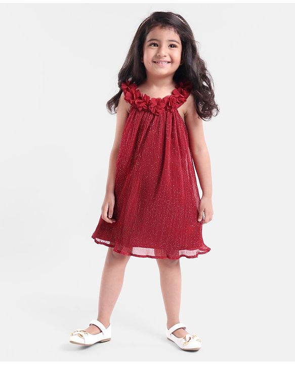 Babyhug Georgette Sleeveless Pleated A Line Party Frock Glitter Print- Maroon