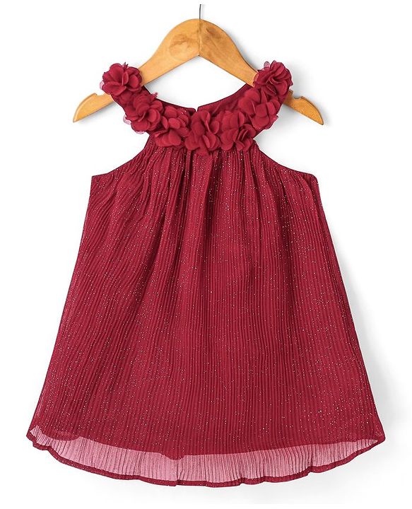 Babyhug Georgette Sleeveless Pleated A Line Party Frock Glitter Print- Maroon