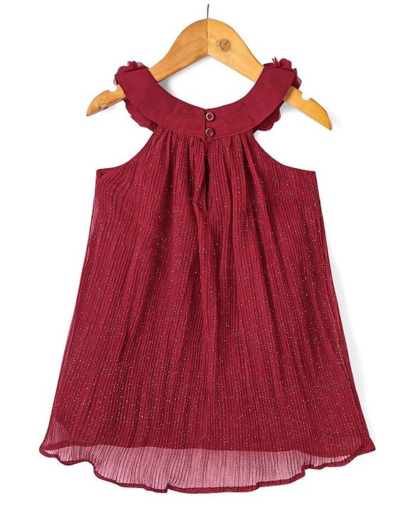 Babyhug Georgette Sleeveless Pleated A Line Party Frock Glitter Print- Maroon
