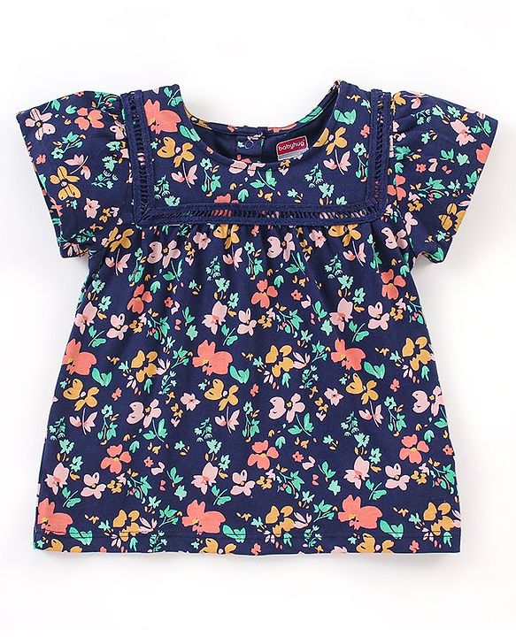 Babyhug 100% Cotton Knit Half Sleeves Top & Shorts Set Floral Print - Navy Blue