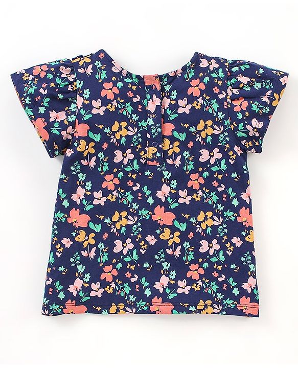 Babyhug 100% Cotton Knit Half Sleeves Top & Shorts Set Floral Print - Navy Blue