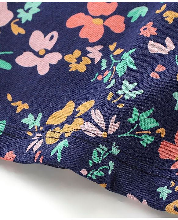 Babyhug 100% Cotton Knit Half Sleeves Top & Shorts Set Floral Print - Navy Blue