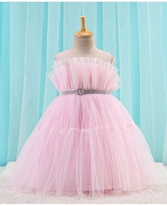 Babyhug Sleeveless Solid Color Mesh Party Frock - Light Pink