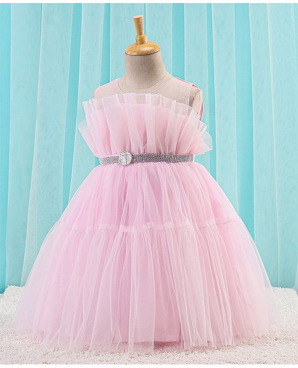 Babyhug Sleeveless Solid Color Mesh Party Frock - Light Pink