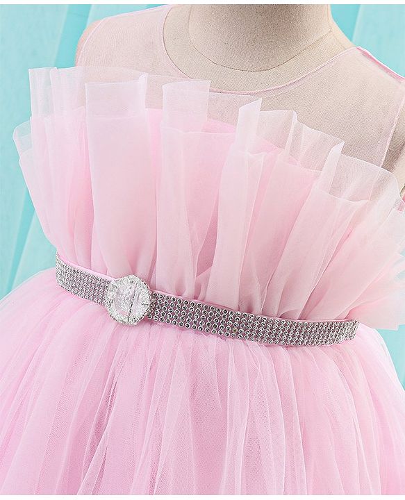 Babyhug Sleeveless Solid Color Mesh Party Frock - Light Pink