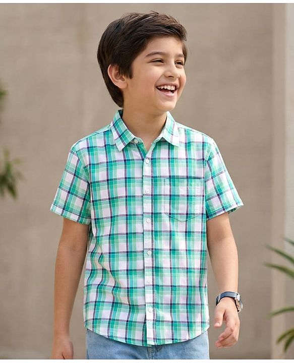 Pine Kids 100% Cotton Half Sleeves Checked Shirt- Blue