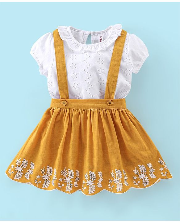 Babyhug 100% Cotton Knit Half Sleeves Top & Skirt with Suspender Floral Embroidery - White & Yellow