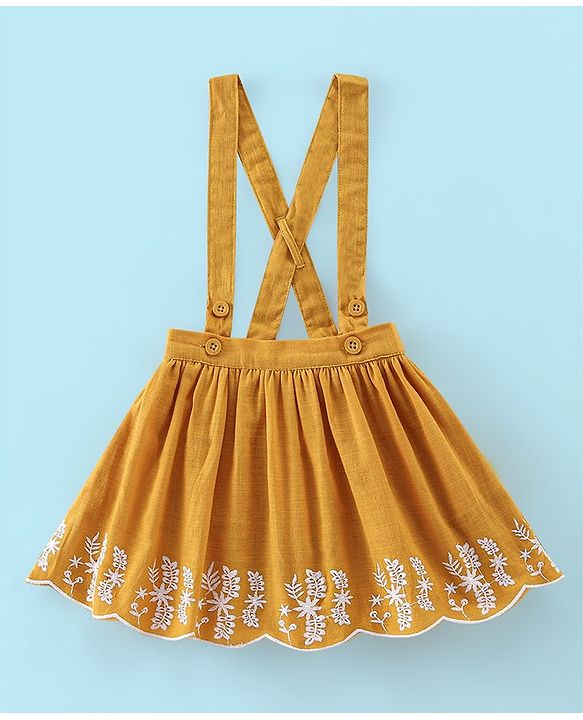 Babyhug 100% Cotton Knit Half Sleeves Top & Skirt with Suspender Floral Embroidery - White & Yellow