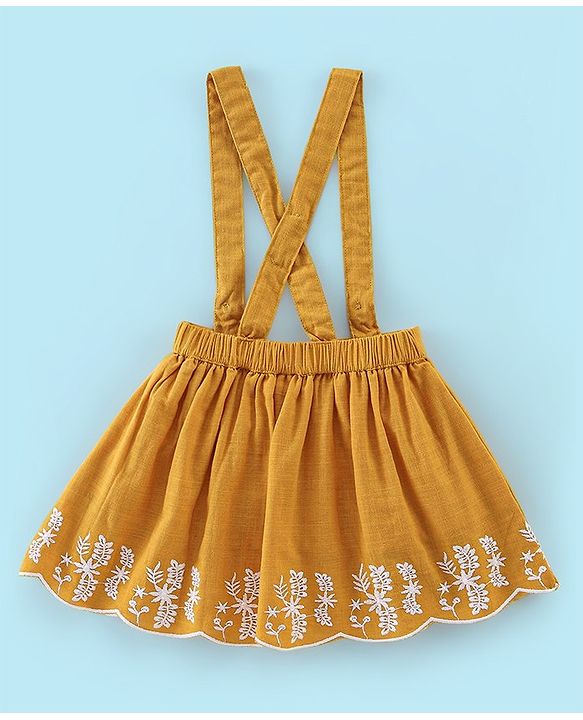 Babyhug 100% Cotton Knit Half Sleeves Top & Skirt with Suspender Floral Embroidery - White & Yellow