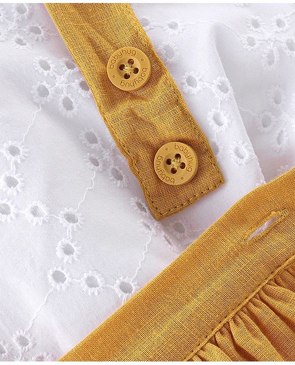 Babyhug 100% Cotton Knit Half Sleeves Top & Skirt with Suspender Floral Embroidery - White & Yellow