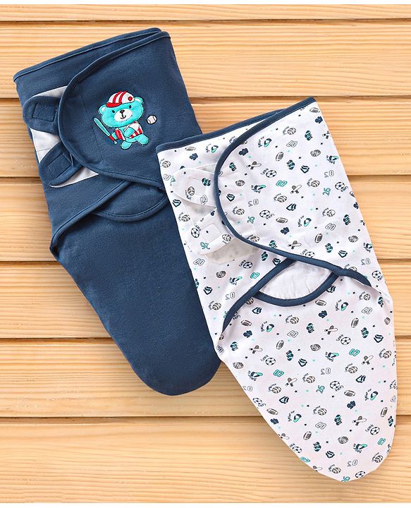 Babyhug 100% Cotton Swaddle Wrapper Sports Theme Pack of 2 - Navy Blue