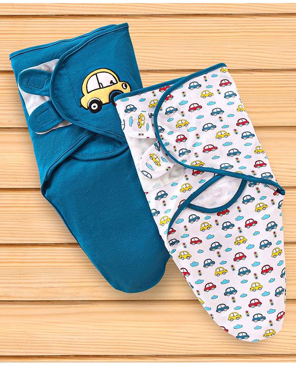 Babyhug 100% Cotton Swaddle Wrapper Sports Theme Pack of 2 - Navy Blue