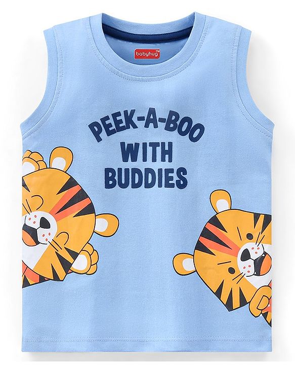 Babyhug Cotton Jersey Sleeveless T-Shirt Tiger Print - Blue