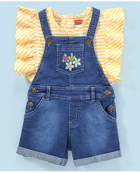 Babyhug 100% Cotton Sleeveless Striped Tee & Dungaree Set Floral Embroidery- Yellow & Blue