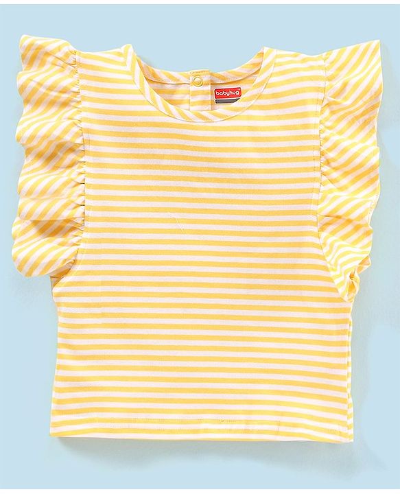 Babyhug 100% Cotton Sleeveless Striped Tee & Dungaree Set Floral Embroidery- Yellow & Blue