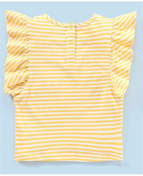 Babyhug 100% Cotton Sleeveless Striped Tee & Dungaree Set Floral Embroidery- Yellow & Blue