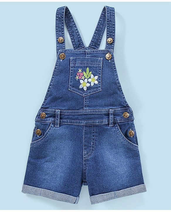 Babyhug 100% Cotton Sleeveless Striped Tee & Dungaree Set Floral Embroidery- Yellow & Blue