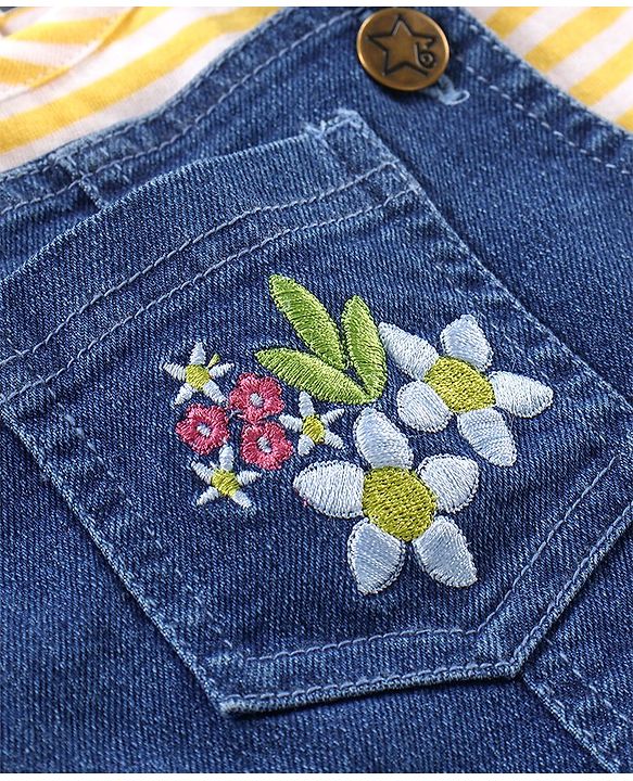 Babyhug 100% Cotton Sleeveless Striped Tee & Dungaree Set Floral Embroidery- Yellow & Blue