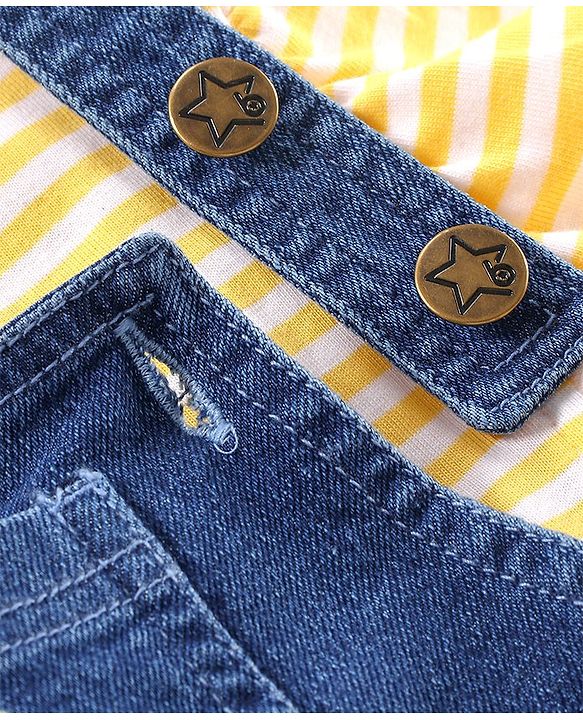 Babyhug 100% Cotton Sleeveless Striped Tee & Dungaree Set Floral Embroidery- Yellow & Blue