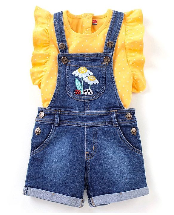 Babyhug Cotton Knit Floral Applique Dungaree with Short Sleeves Dot Print T-Shirt Set - Blue & Yellow
