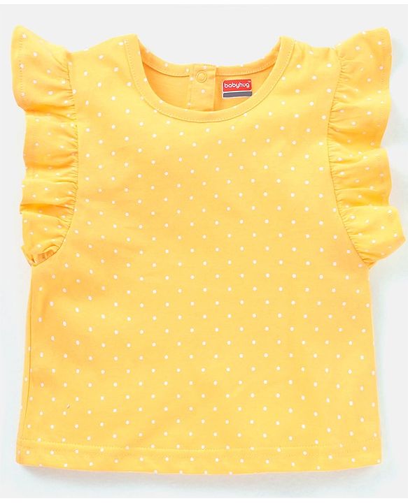Babyhug Cotton Knit Floral Applique Dungaree with Short Sleeves Dot Print T-Shirt Set - Blue & Yellow