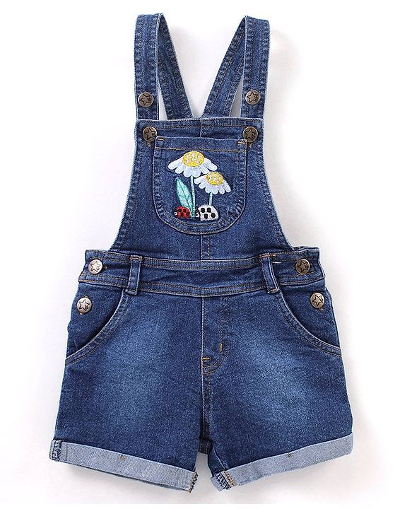 Babyhug Cotton Knit Floral Applique Dungaree with Short Sleeves Dot Print T-Shirt Set - Blue & Yellow