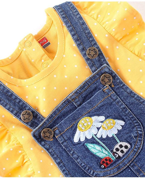 Babyhug Cotton Knit Floral Applique Dungaree with Short Sleeves Dot Print T-Shirt Set - Blue & Yellow