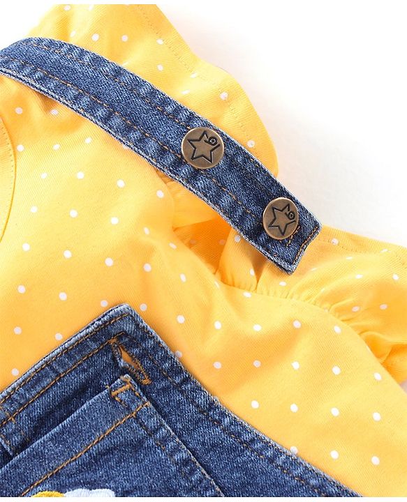 Babyhug Cotton Knit Floral Applique Dungaree with Short Sleeves Dot Print T-Shirt Set - Blue & Yellow